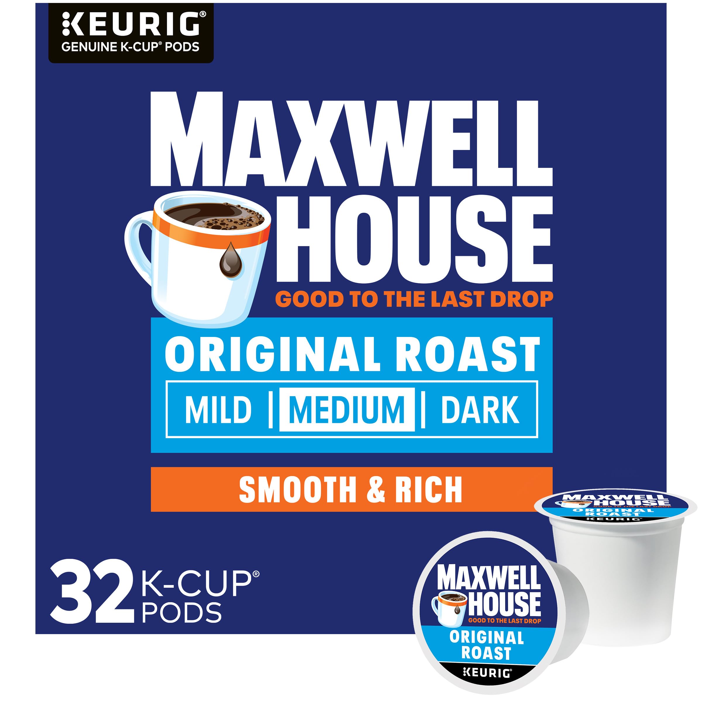 MAXWELL HOUSE Original Roast box showcases a convenient 32-count supply for everyday use.