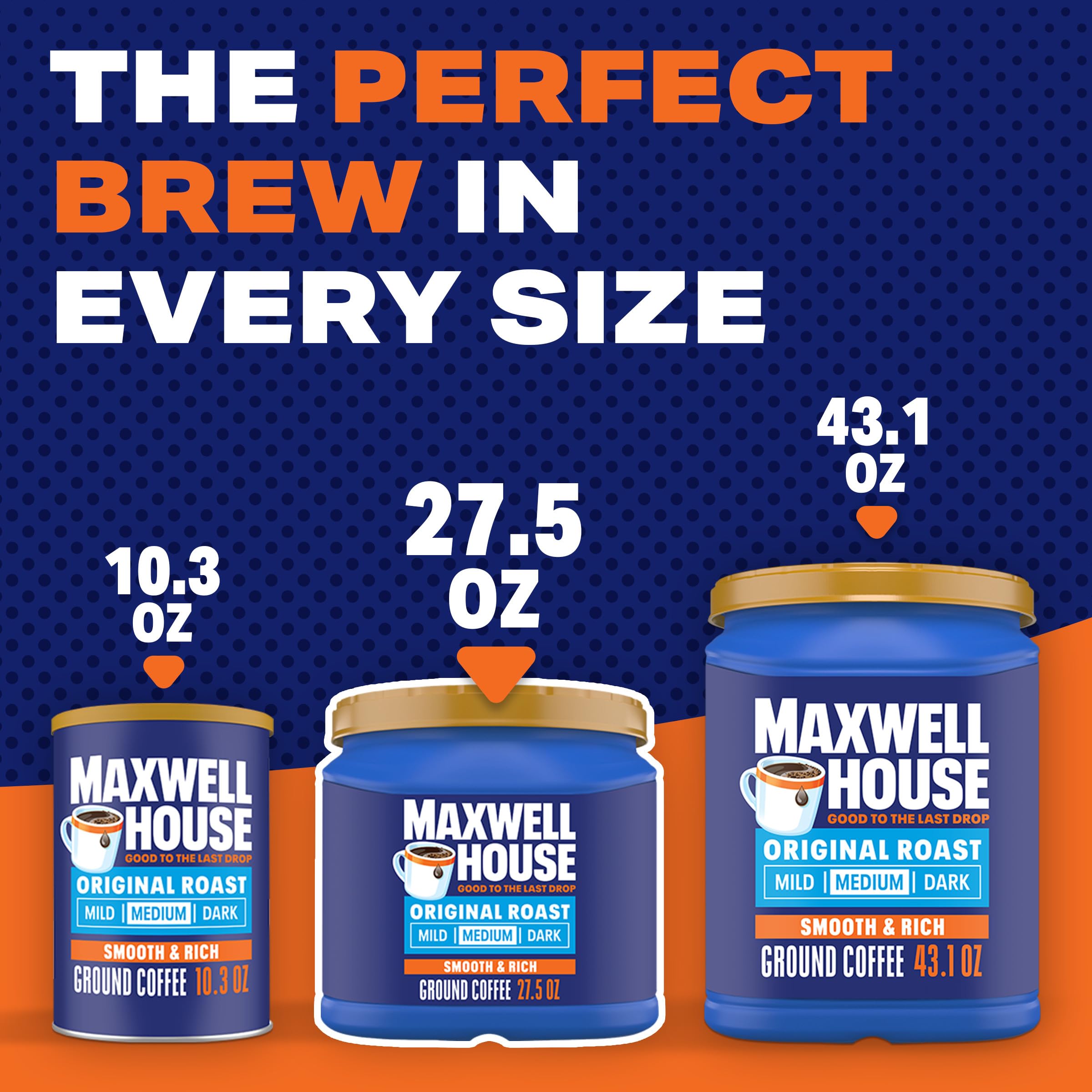 MAXWELL HOUSE Original Roast ground coffee scoop resting beside the canister for quick brewing.