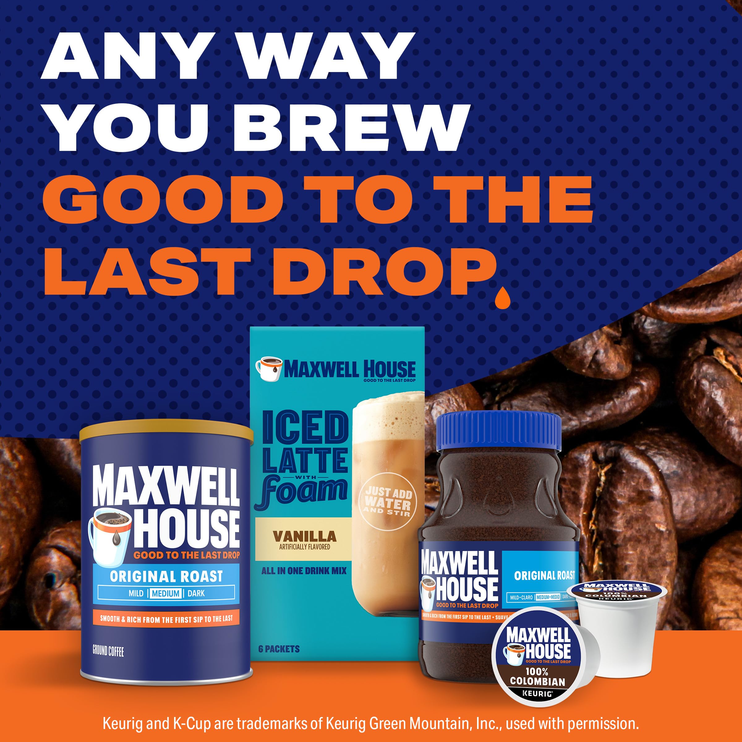 Drip coffee brew of Maxwell House Original Roast in a mug