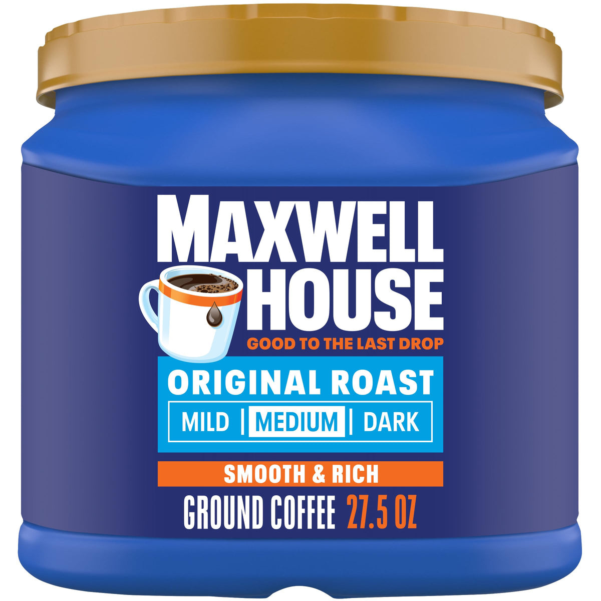 MAXWELL HOUSE Original Roast ground coffee canister showing convenient storage for daily brews.