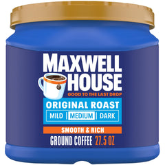 MAXWELL HOUSE Original Roast ground coffee canister showing convenient storage for daily brews.
