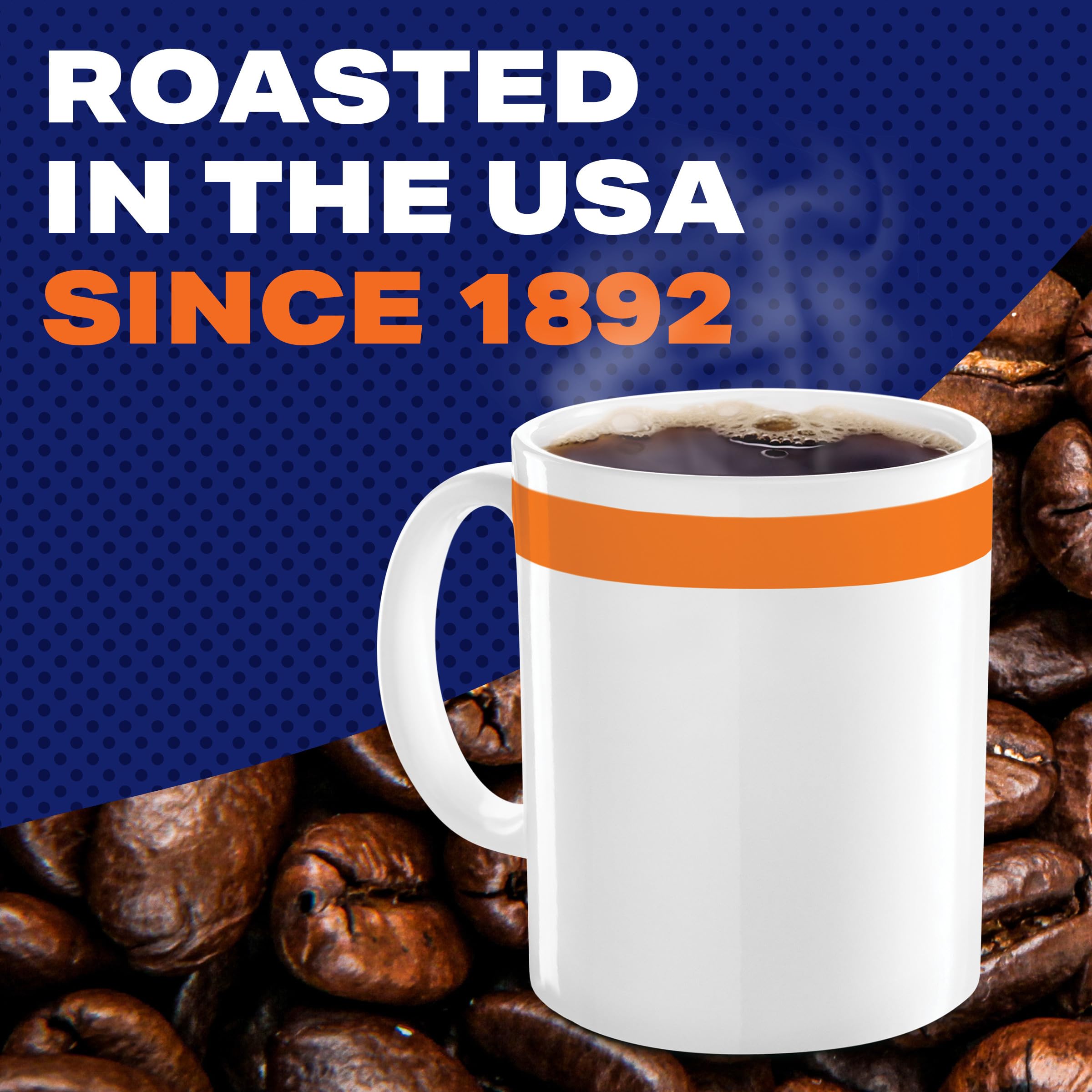 MAXWELL HOUSE Original Roast ground coffee in a steaming cup, perfect for early mornings.
