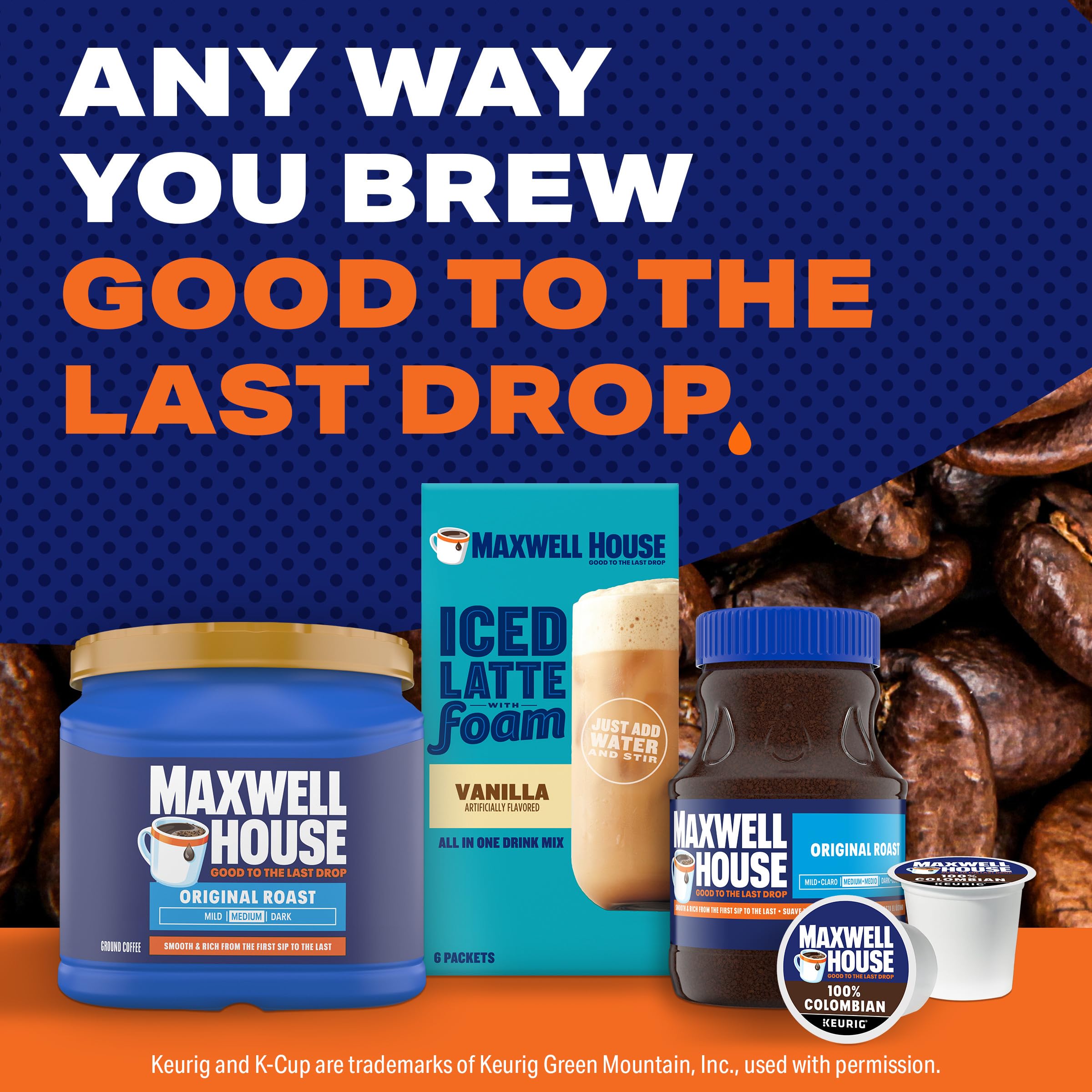 MAXWELL HOUSE Original Roast ground coffee granules closeup showing textured surface.