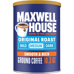 Maxwell House Original Roast unopened canister on counter ready for morning brew