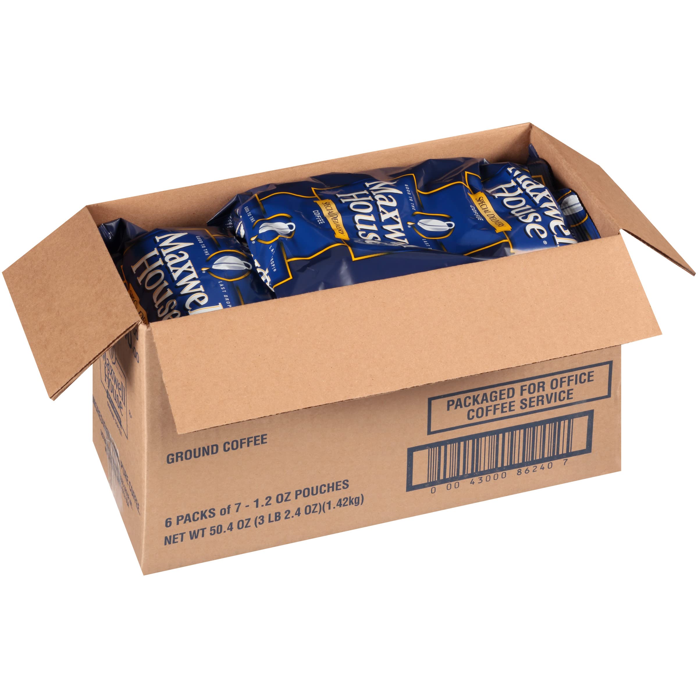 A bag of Maxwell House Special Delivery on a kitchen counter.