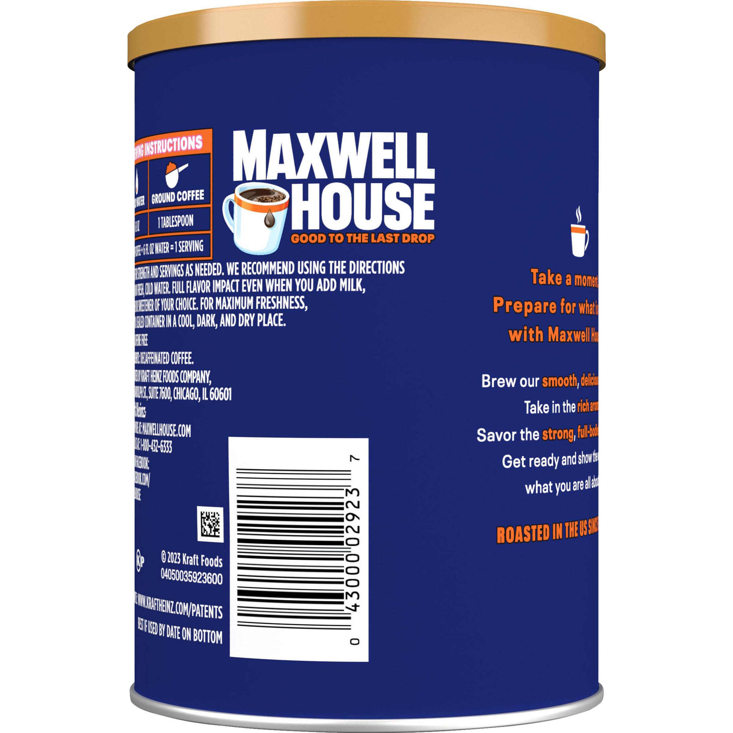 MAXWELL HOUSE Packaging shown with a resealable lid highlighting flavor lock freshness.