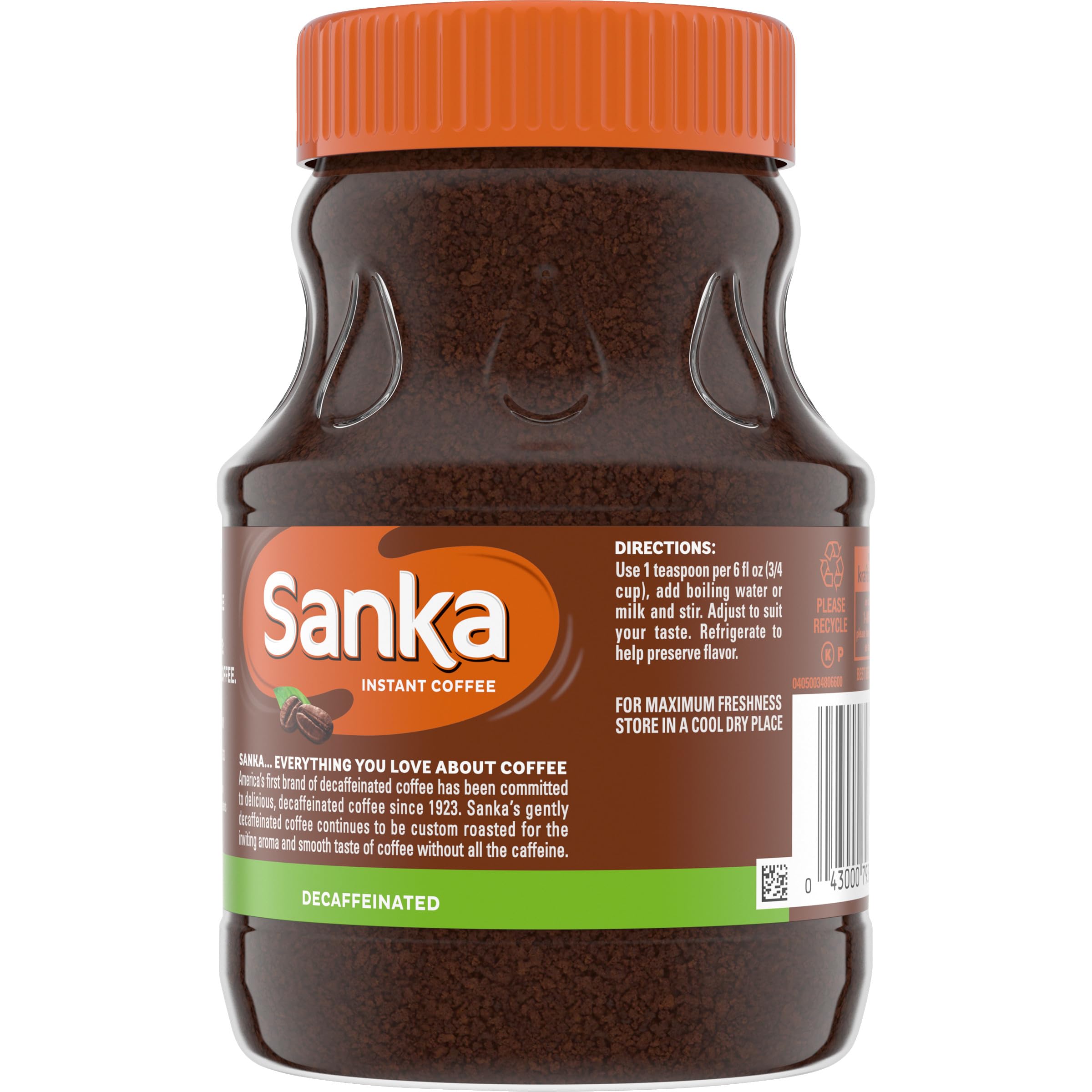 Steaming cup of Maxwell House Sanka decaf instant coffee for a quick brew.