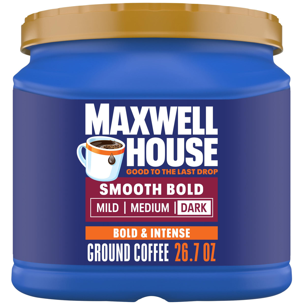 Maxwell House Smooth Bold Dark Roast canister front view highlighting ready-to-brew packaging.