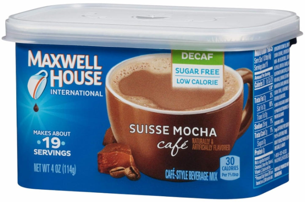 MAXWELL HOUSE Sugar-Free Decaf Suisse Mocha tub with rich flavor.
