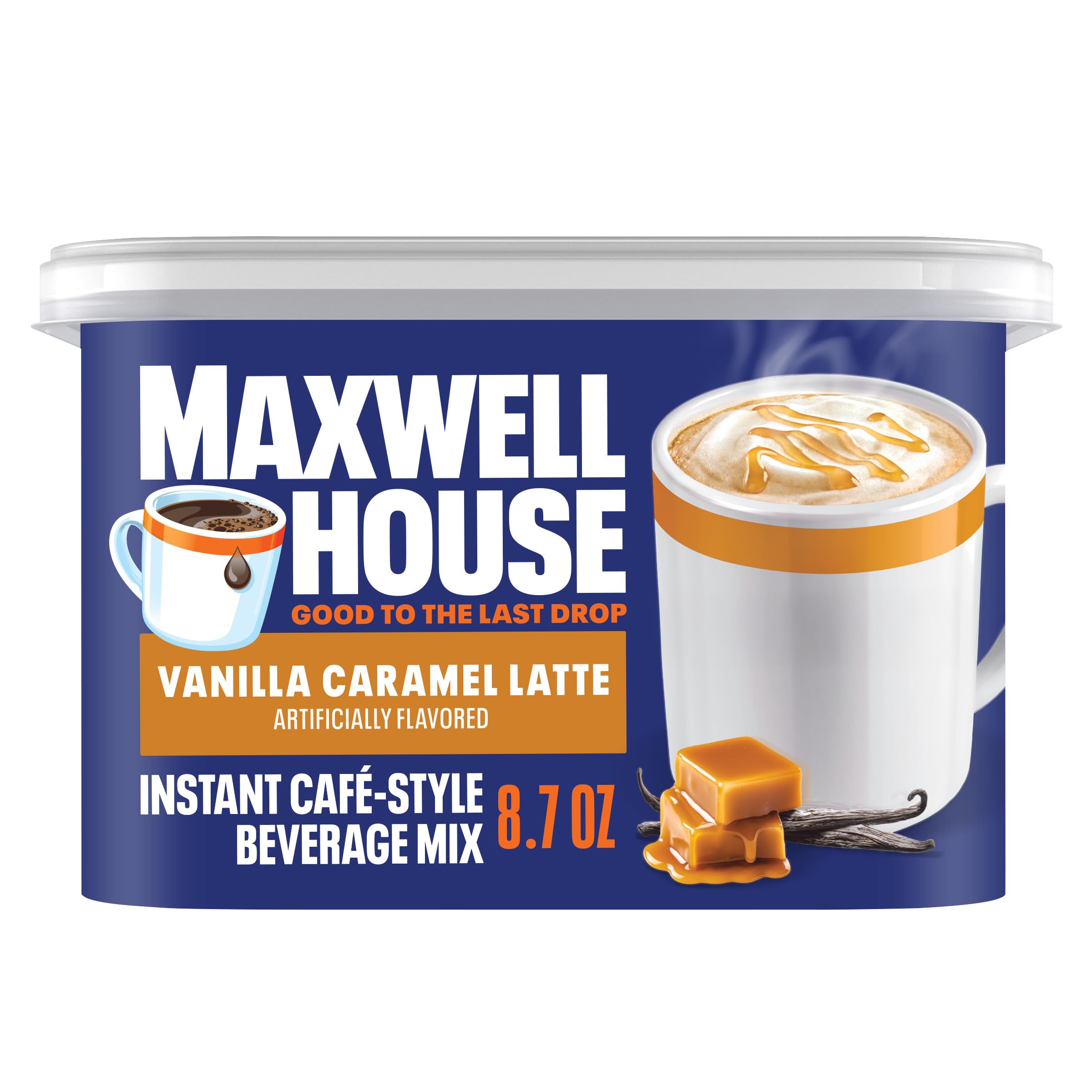 Maxwell House Vanilla Caramel Latte canister close-up with resealable lid preserving flavor