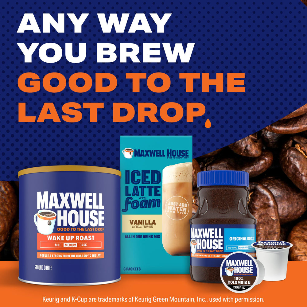 Alarm clock beside Maxwell House Wake Up Roast signifying a fresh start.
