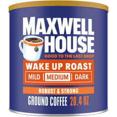 Maxwell House Wake Up Roast canister on a kitchen counter for quick morning brews.