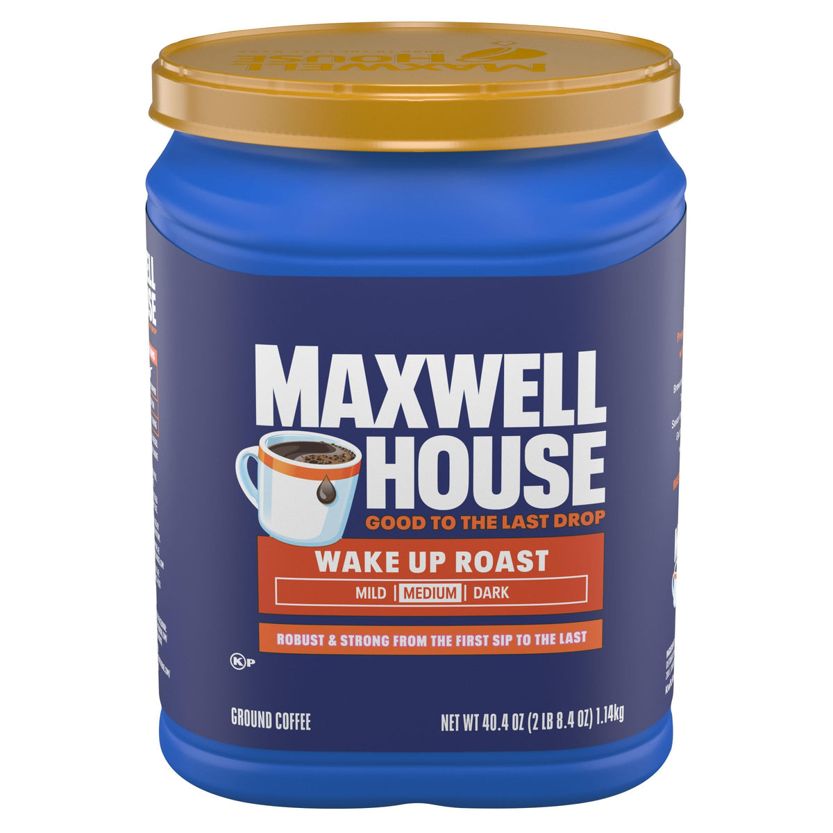 MAXWELL HOUSE Wake Up Roast ground coffee canister delivers reliable morning flavor.