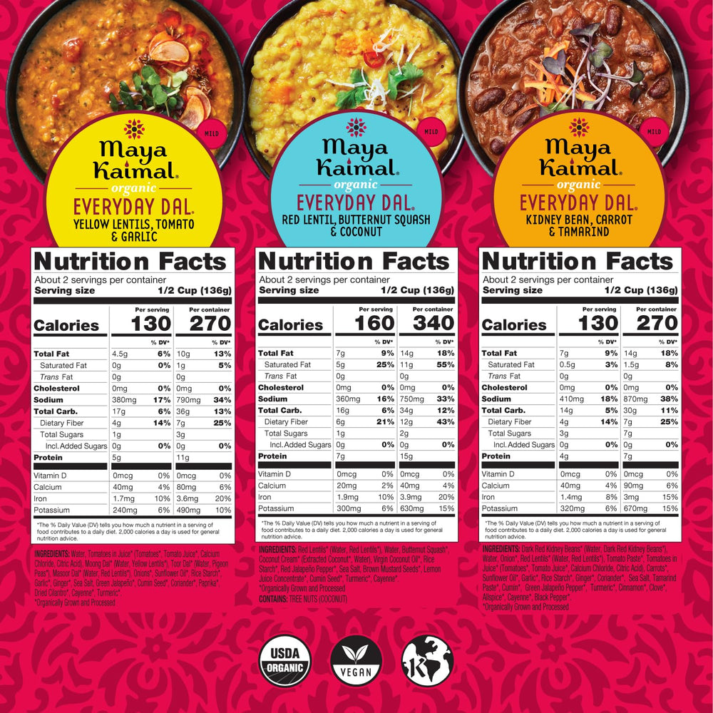 Maya Kaimal black lentil dal pouch ideal for hearty vegan lunches.