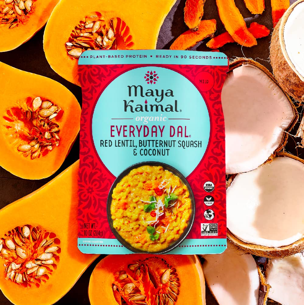 Maya Kaimal dal bowl with spices and rice, plated meal idea.