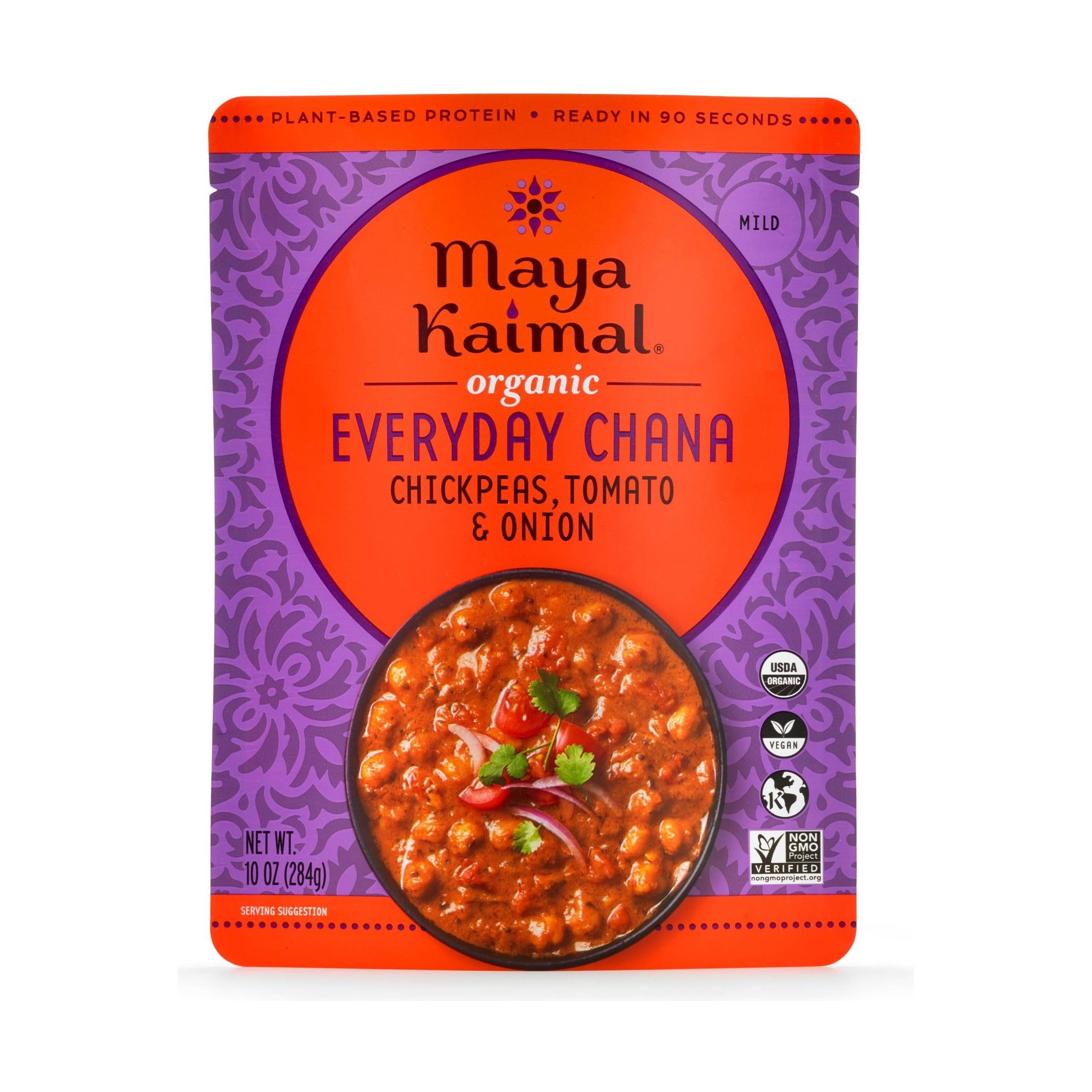 Maya Kaimal Everyday Chana Tom Onion jar front label shows premium ingredients for flavorful meals