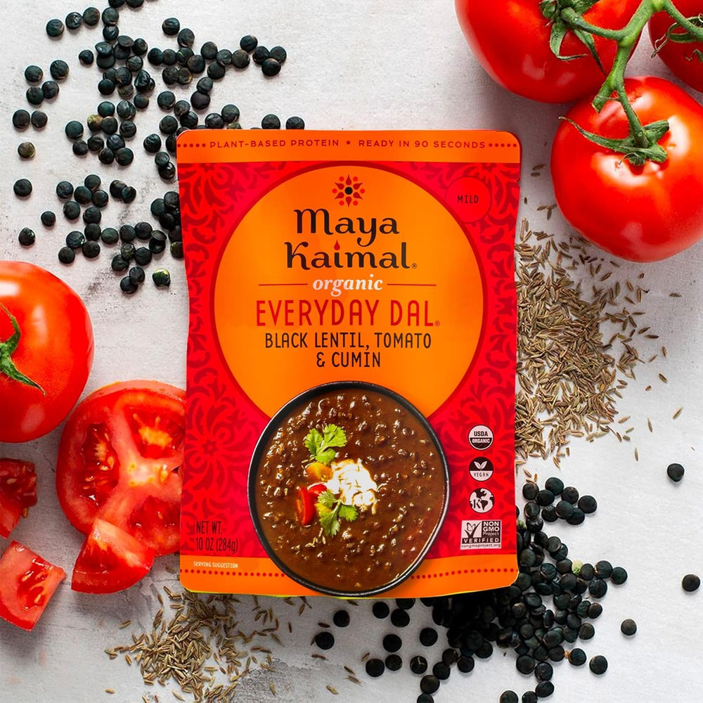 Maya Kaimal Everyday Dal bulk pantry shot emphasizes storage-friendly packaging.