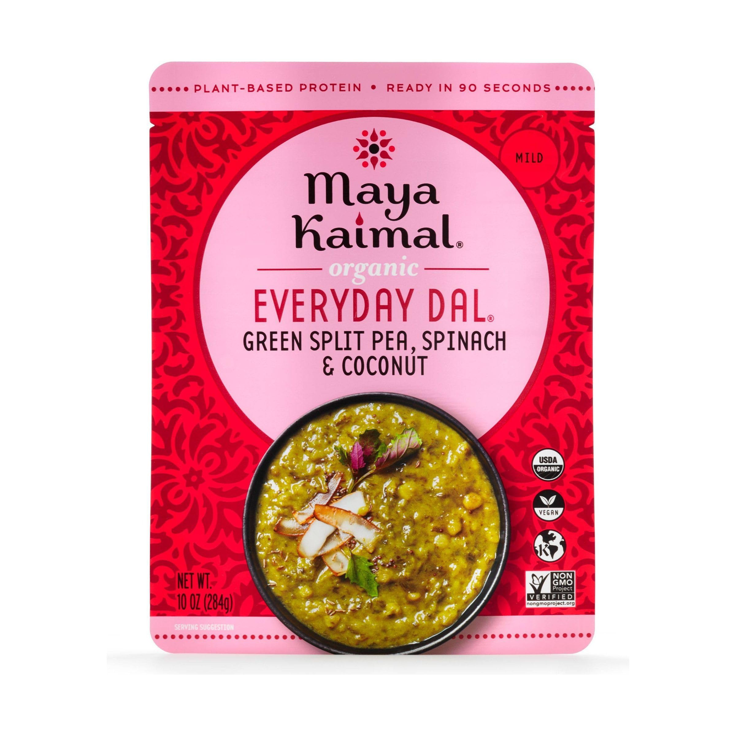 Maya Kaimal green split peas dal pack on shelf, a convenient pantry staple.