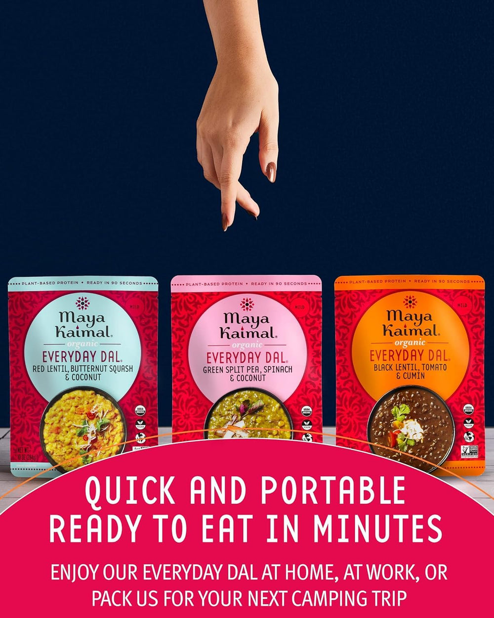 Maya Kaimal organic certified badge signals clean, plant-based ingredients.
