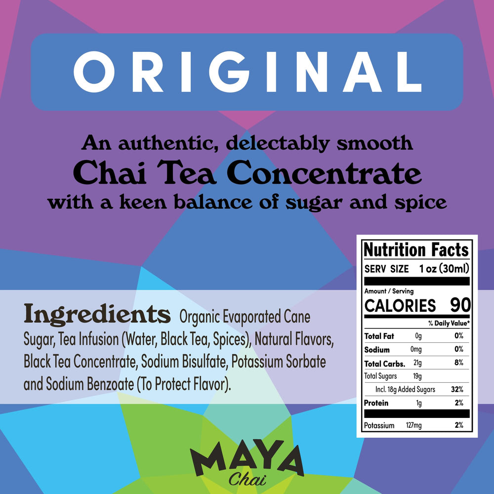Maya Tea Maya Chai Concentrate label closeup highlighting heritage recipe