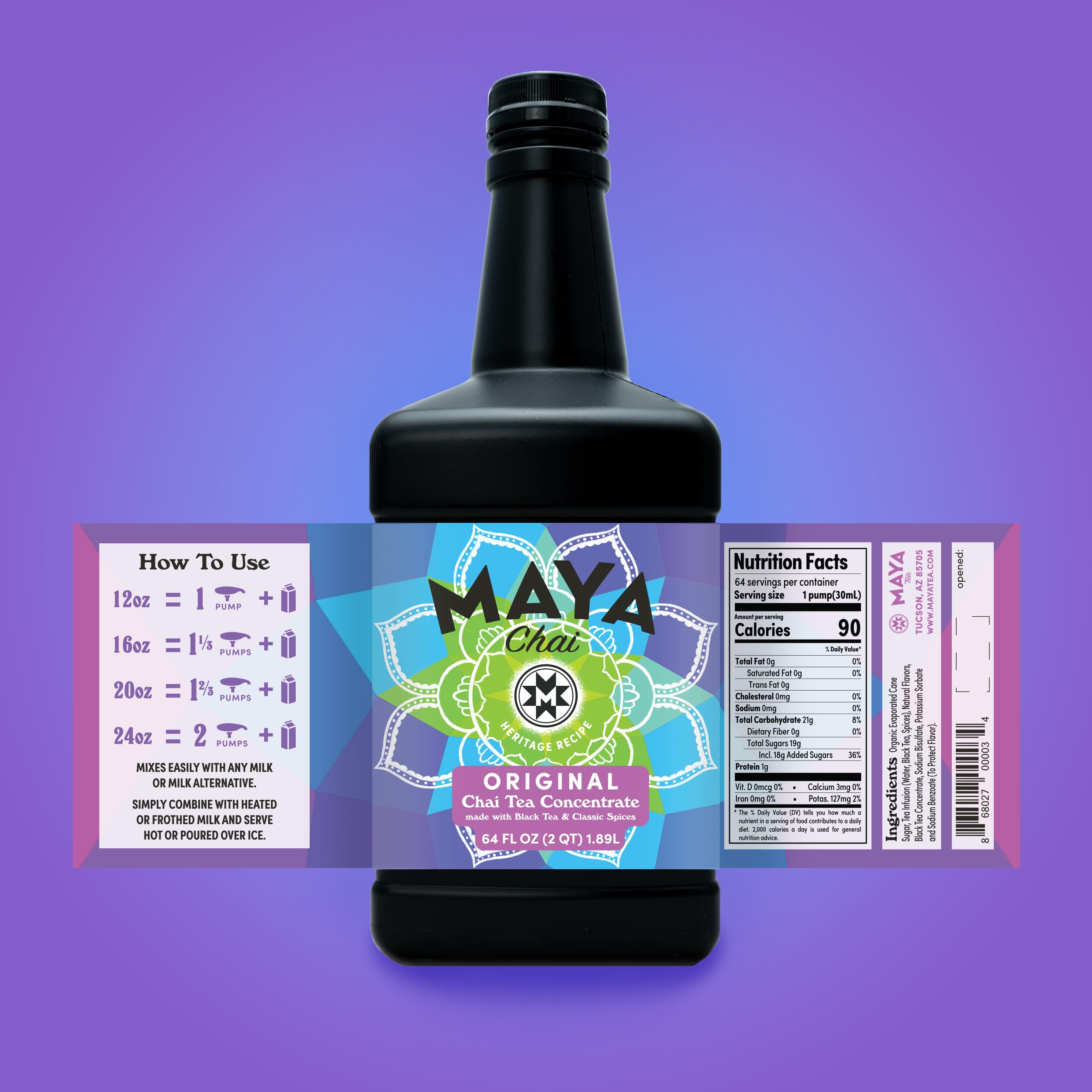 Maya Tea Maya Chai Concentrate packaging and 64 oz bottle in kitchen