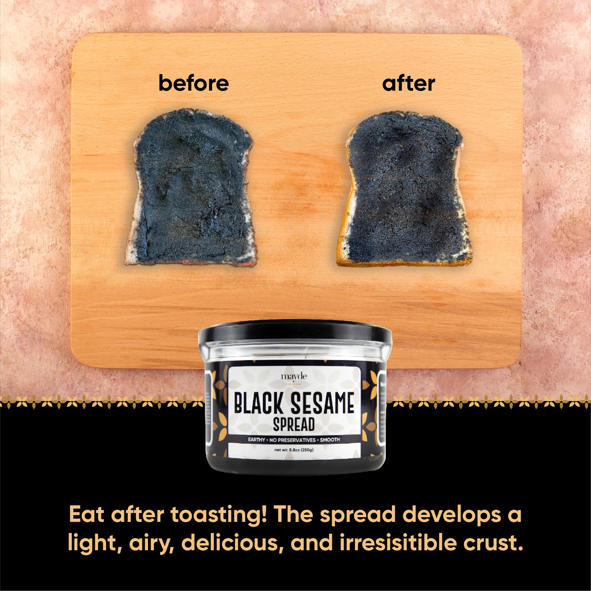 Mayde black sesame paste spread beside crackers for dipping.
