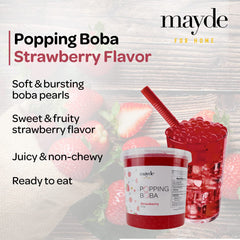Mayde bursting boba pearls closeup: real fruit juice bursts enhance beverages.