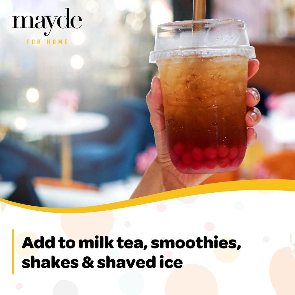 Mayde Bursting Boba Pearls mango flavor adds tropical brightness to bubble tea.