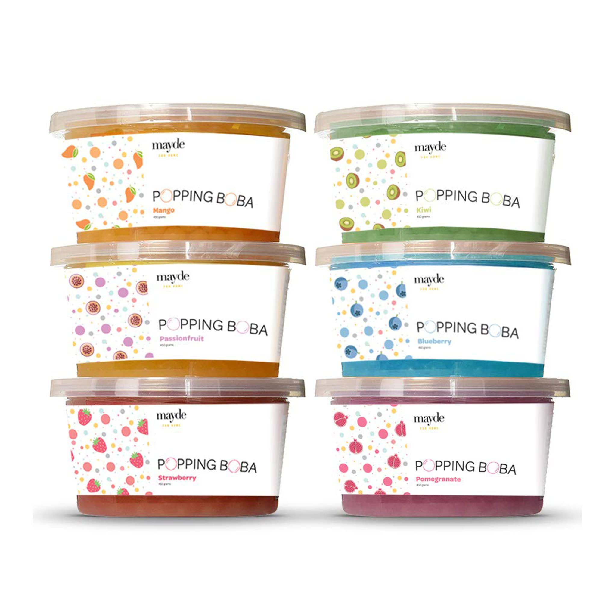 Mayde Bursting Boba Pearls packaging for six-flavor kit for easy entertaining.