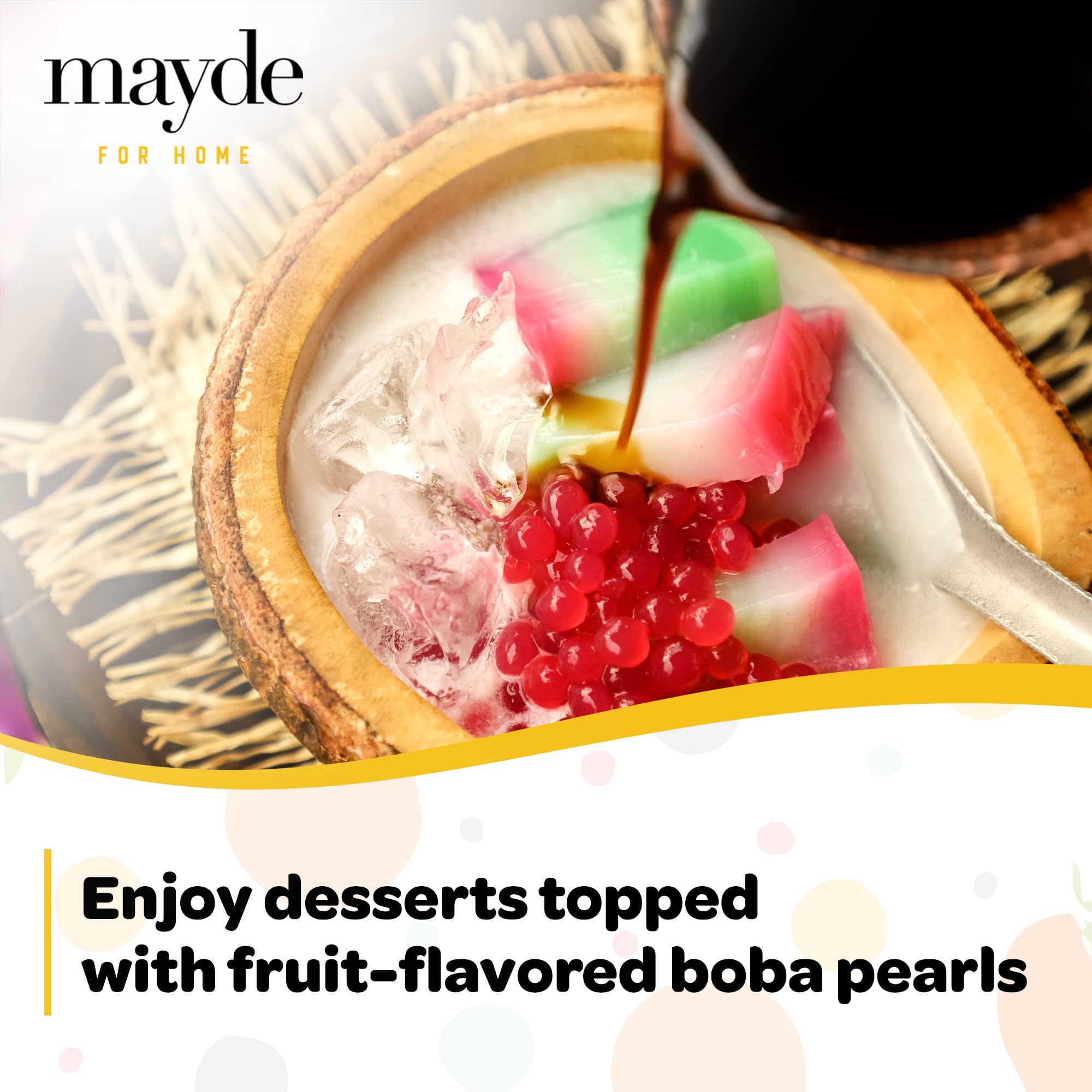 Mayde Bursting Boba Pearls passion fruit offers juicy bursts for cocktails and desserts.