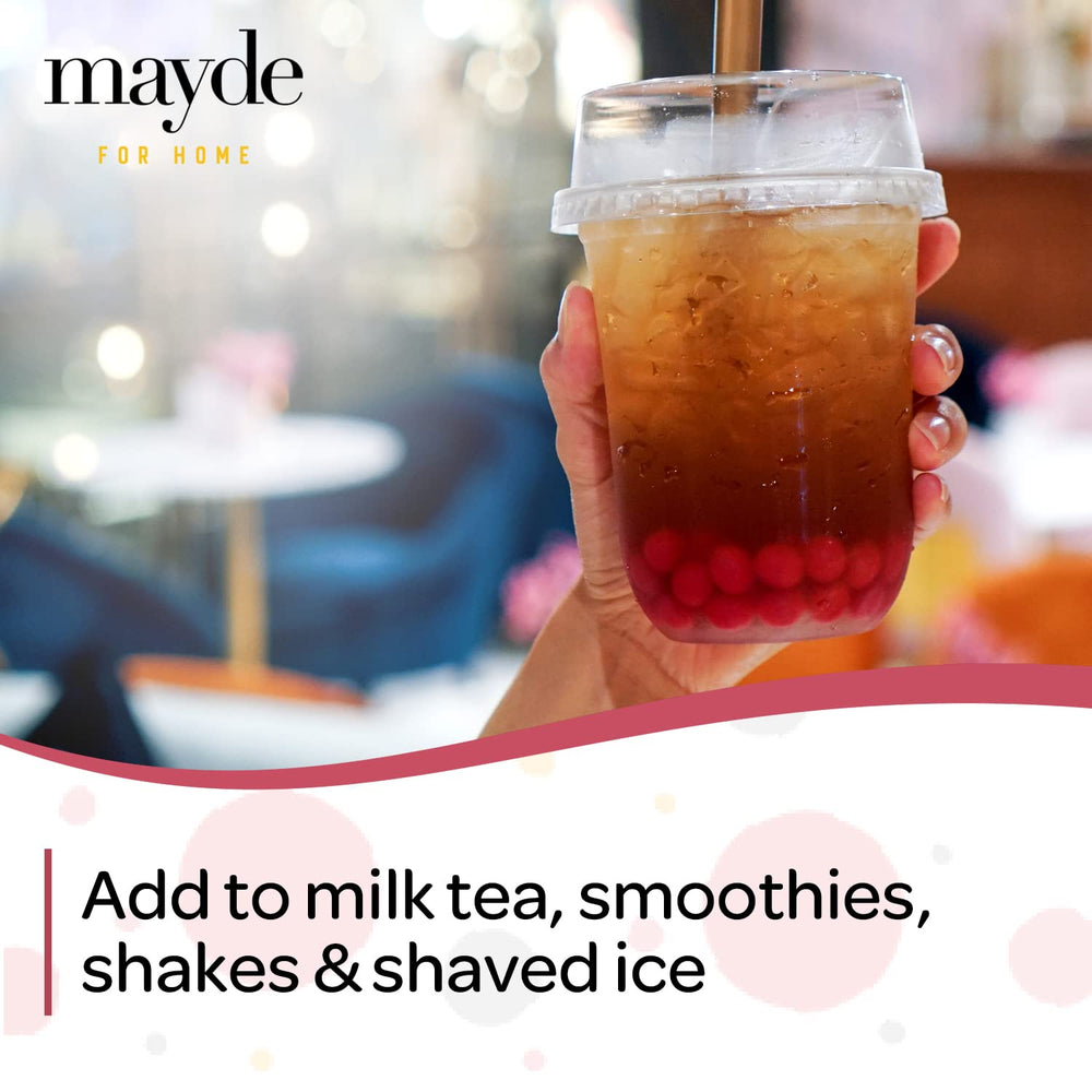 Mayde strawberry boba drink pour: ready to enjoy delicious bubble tea at home.