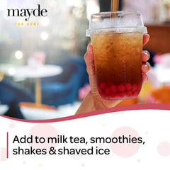 Mayde strawberry boba drink pour: ready to enjoy delicious bubble tea at home.