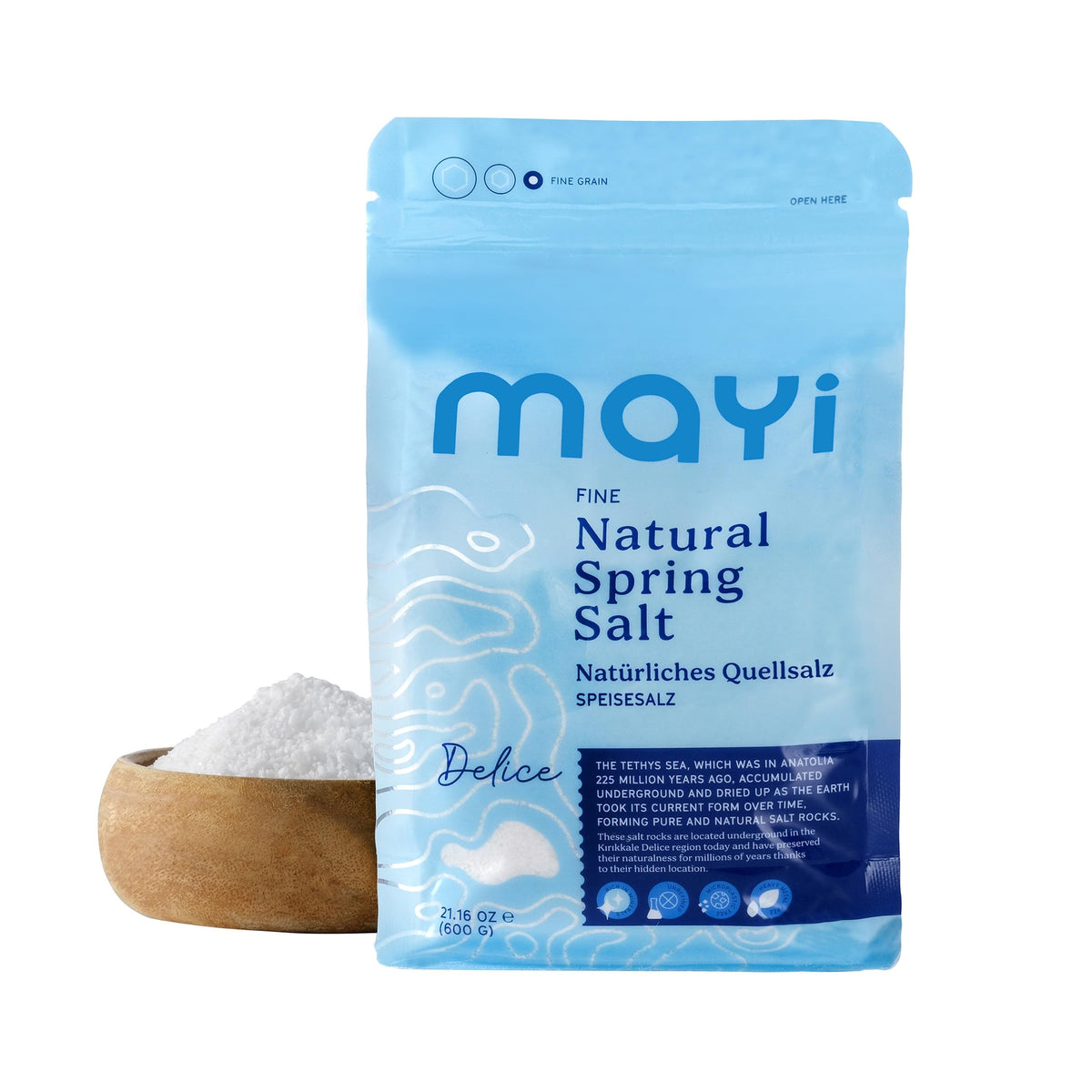 Mayi Tuz hand-harvested spring salt bottle shows pure mineral-rich seasoning for meals.