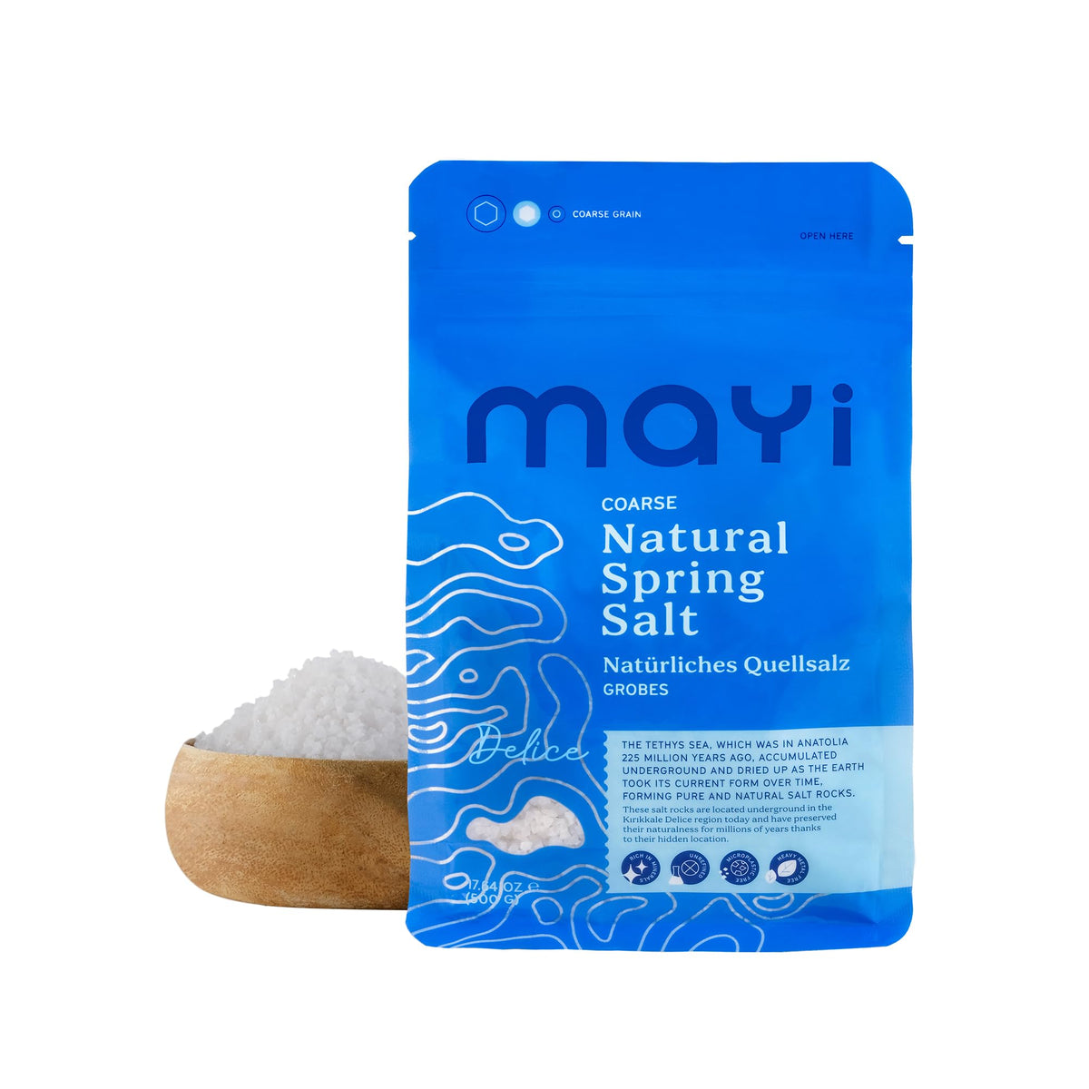 MAYİ salt coarse 1.1lb front label shows kosher certified, natural spring origin.