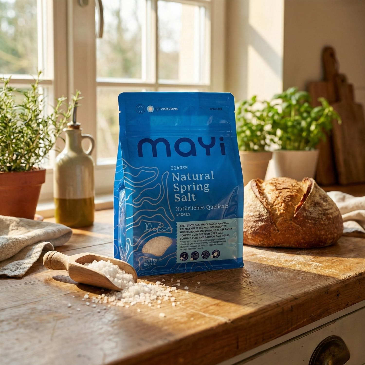 MAYİ salt coarse ideal for cooking, baking, and finishing dishes.