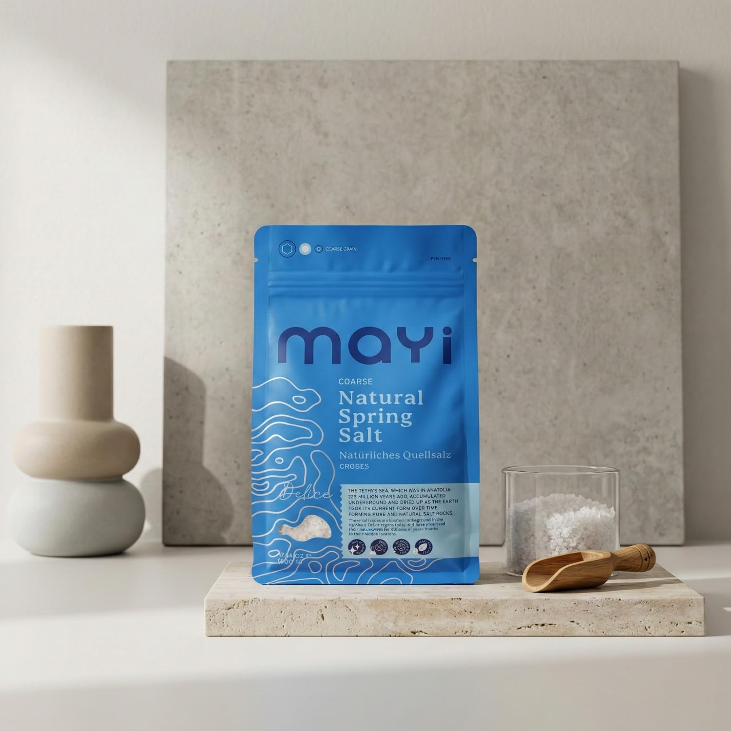 MAYİ salt coarse kosher-certified, unrefined, GMO-free for everyday use.