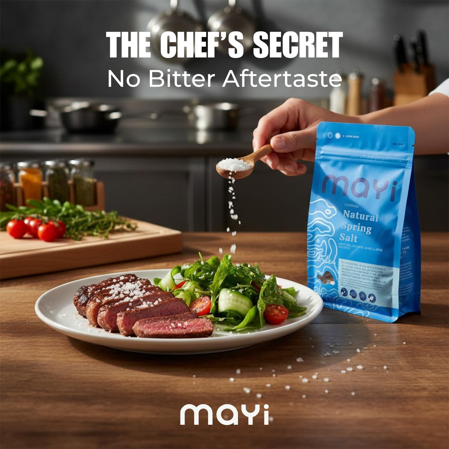 MAYİ salt coarse microplastic-free for cleaner everyday seasoning.