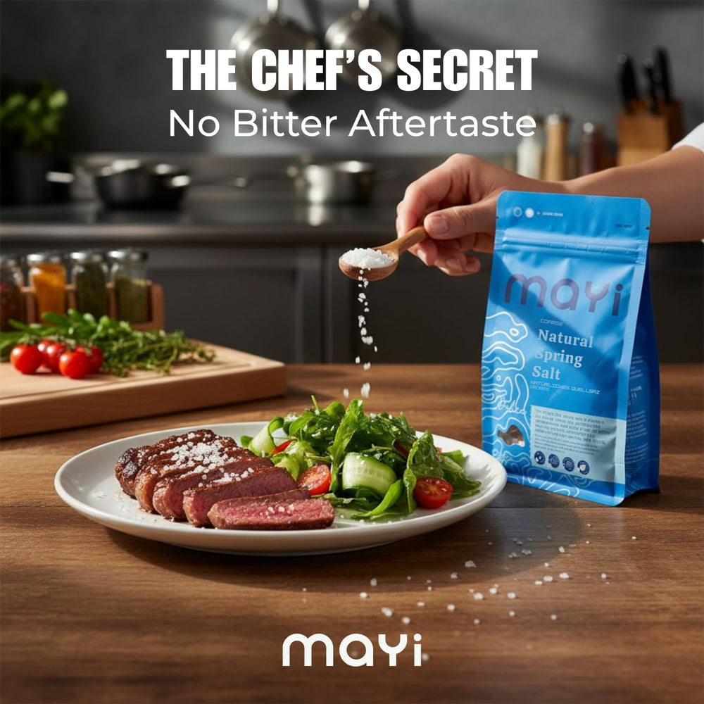 MAYİ salt coarse microplastic-free for cleaner everyday seasoning.