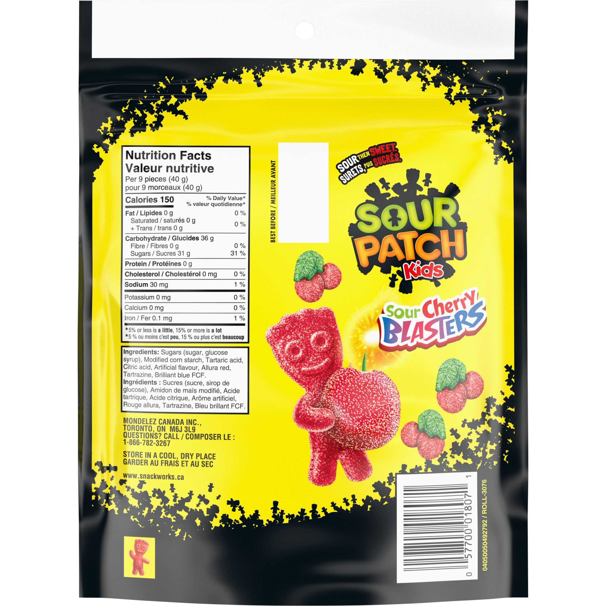 Maynards Cherry Blasters nutrition label shows 150 calories per serving.