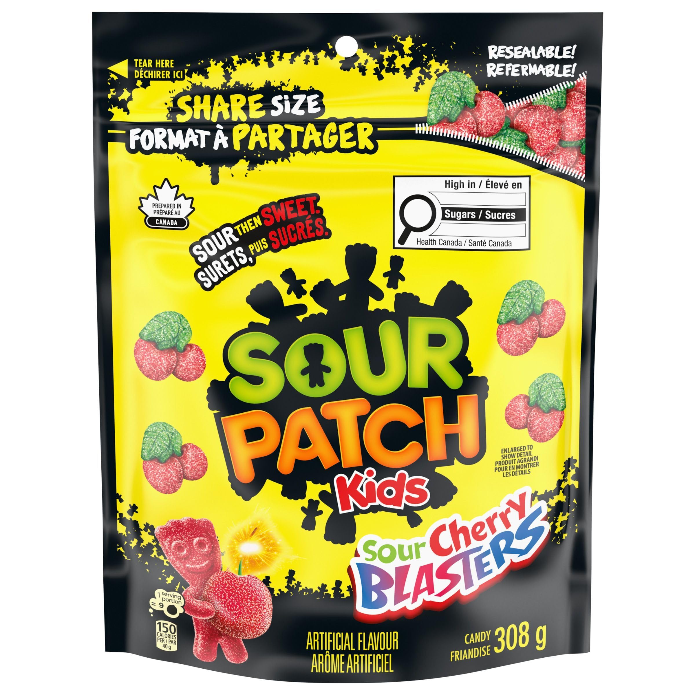 Maynards Bassetts Sour Patch Kids Cherry Blasters 308g pack front with vibrant cherry colors.