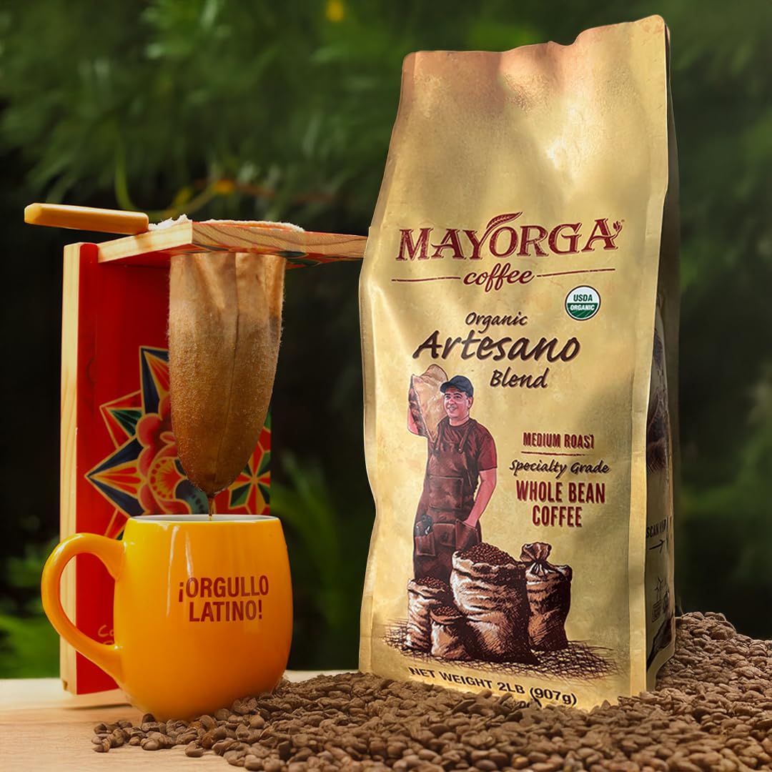 Brewed Mayorga Artesano Blend cup with chocolate notes.