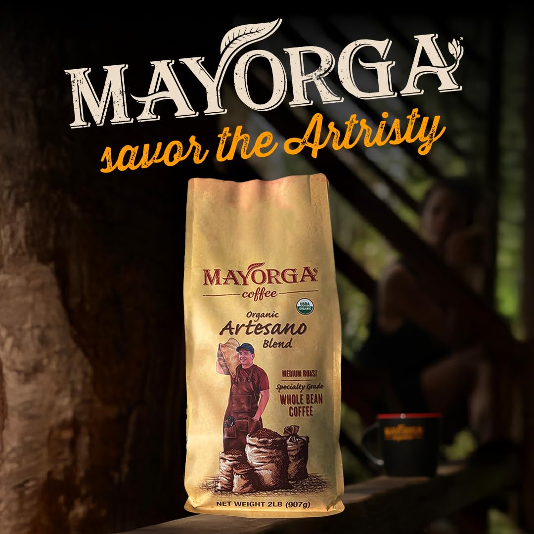 Mayorga Artesano Blend coffee beans close-up showing premium organic Arabica.