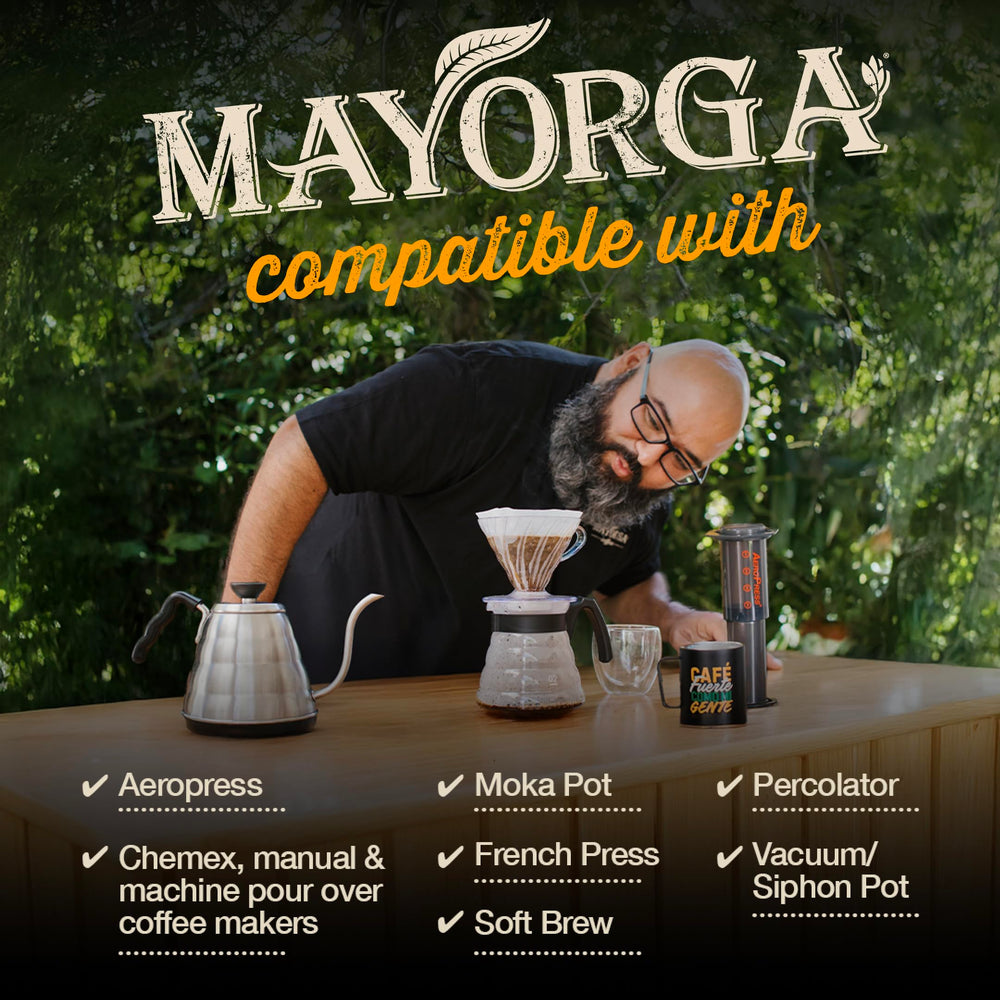 Mayorga Artesano Blend packaging displays organic, non-GMO, kosher certifications.