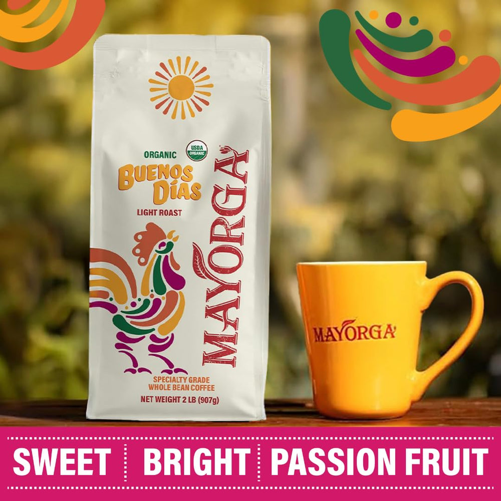 Mayorga Buenos Días 100% Arabica beans deliver smooth, low-acid coffee.
