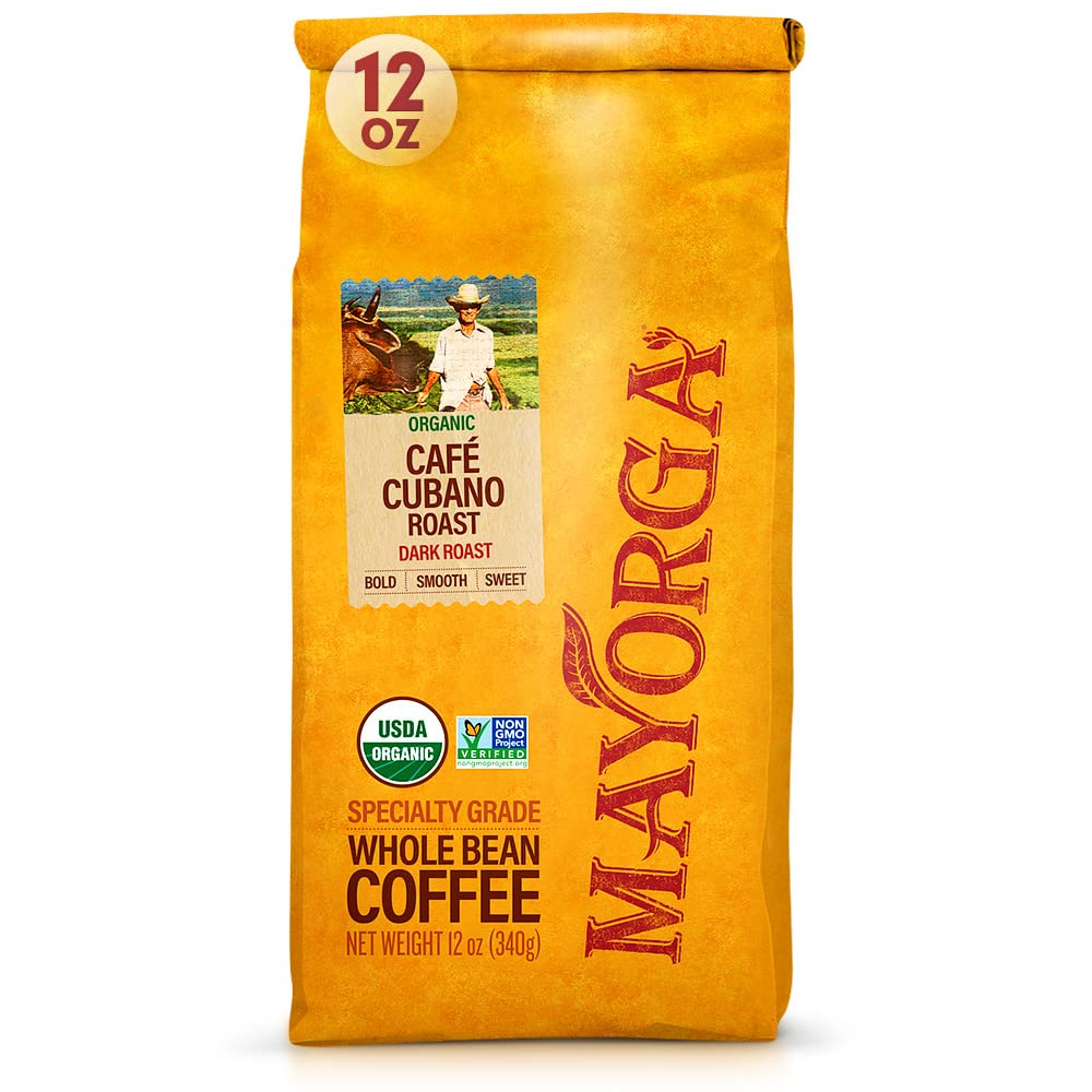 Mayorga Cafe Cubano Roast bag of 100% organic Arabica beans for bold mornings.