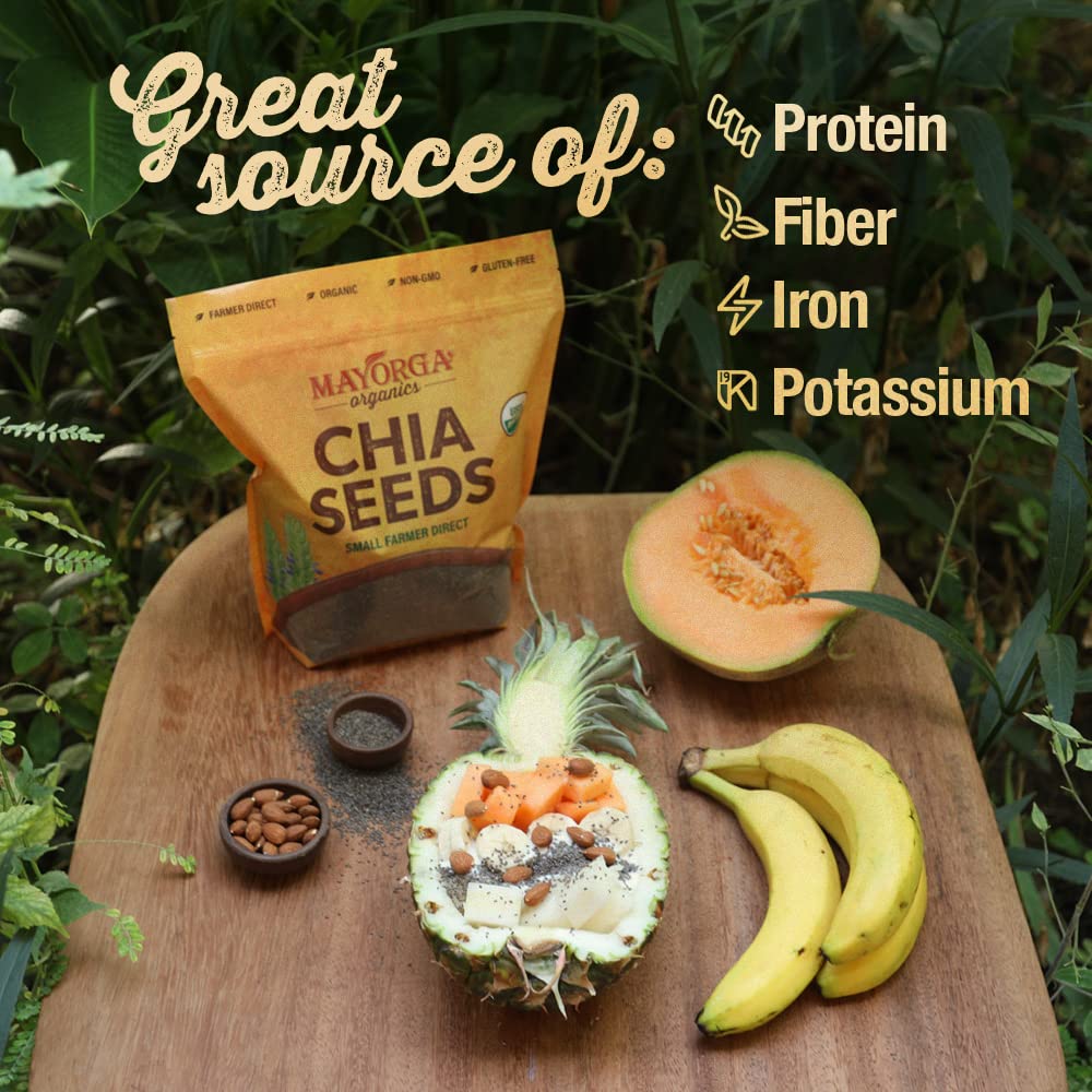 Mayorga chia seeds provide plant-based omega-3 and vegan protein.