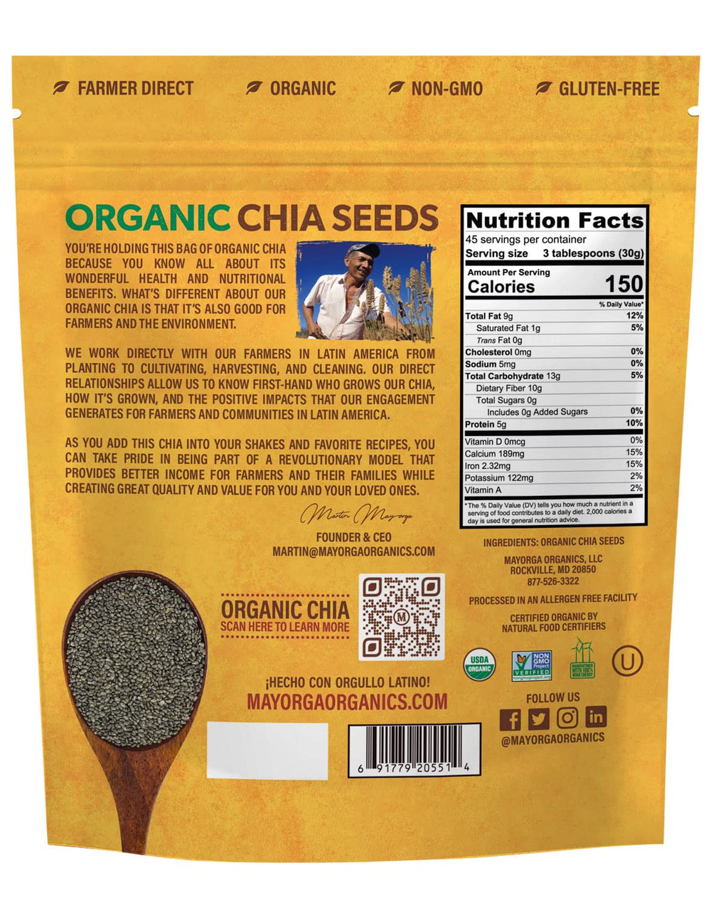 Mayorga chia seeds in a resealable bag keeping freshness and flavor.
