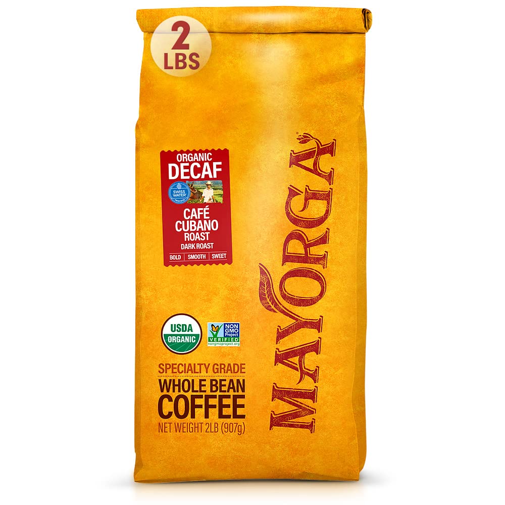 Mayorga Decaf Cubano Roast bag on shelf highlighting organic, shade-grown Arabica for smooth, low-acid flavor.