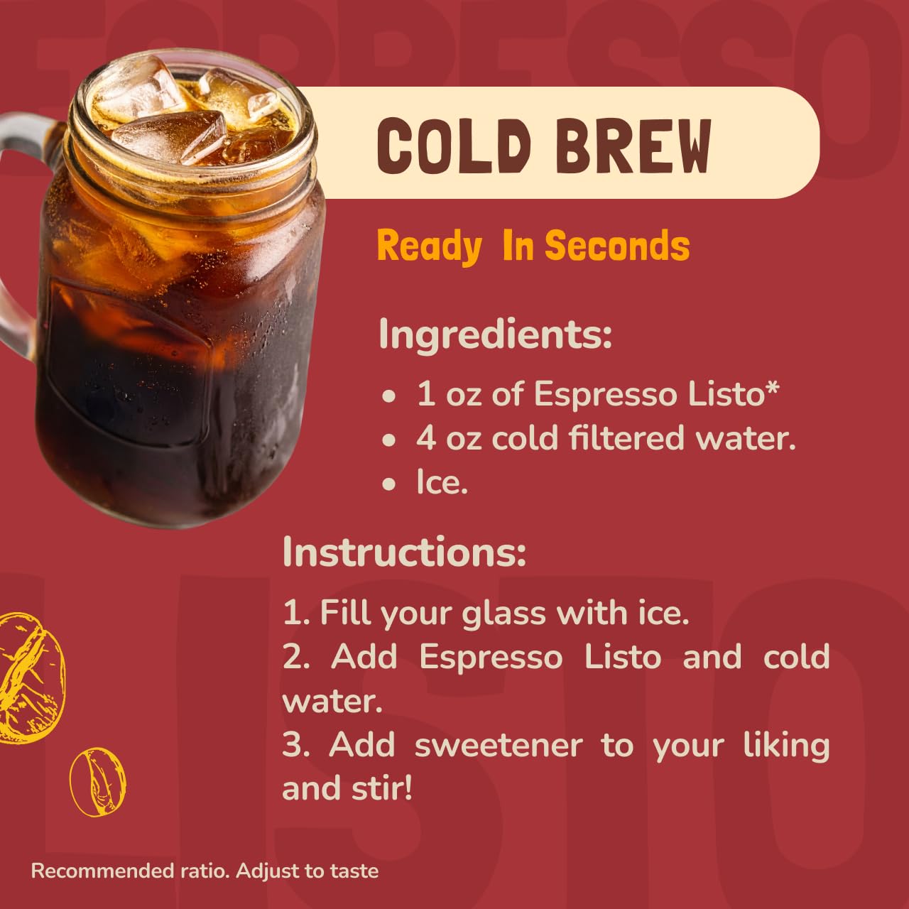 Pour-ready espresso in glass for quick enjoyment.