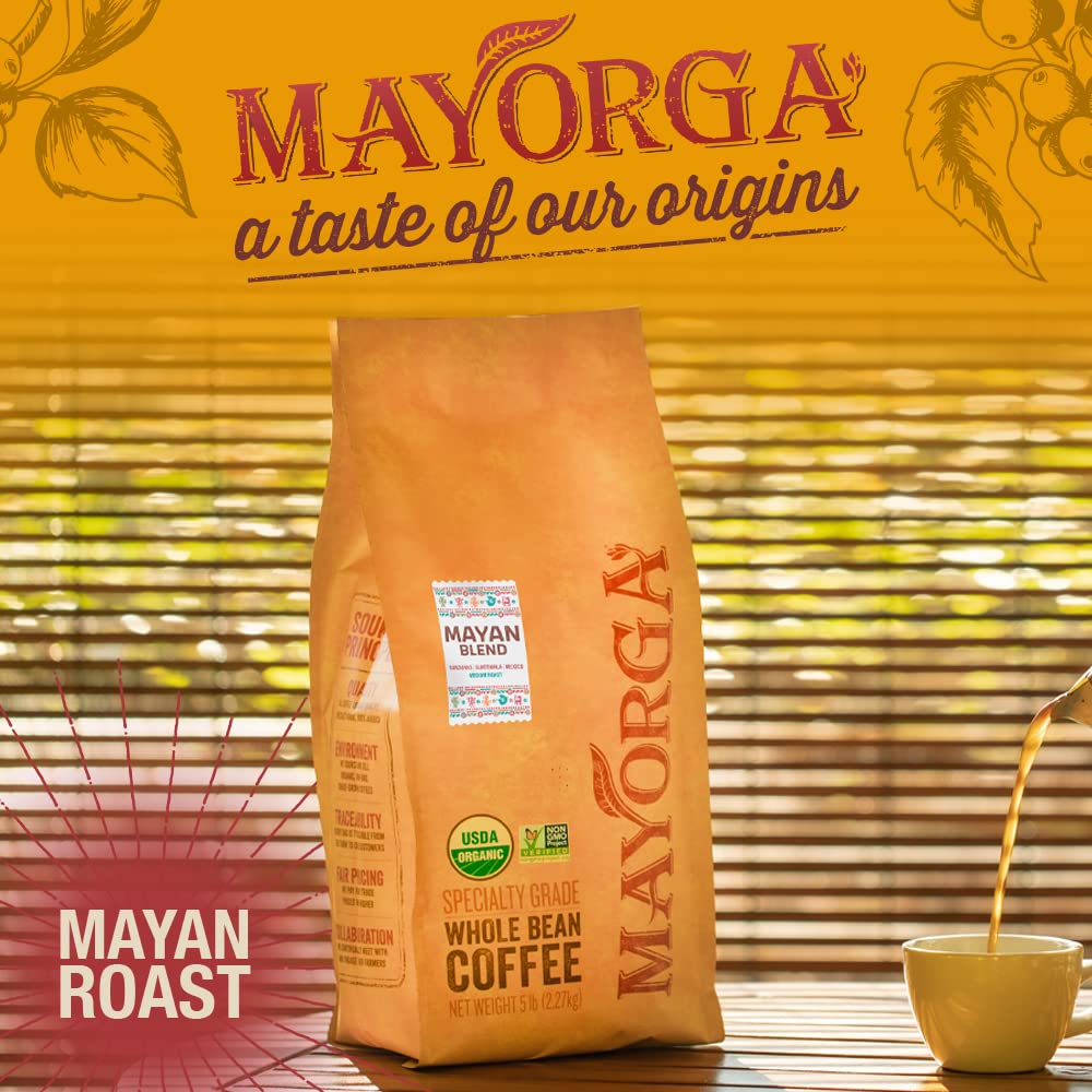 Mayorga Mayan Blend 5lb packaging with USDA Organic and Non-GMO certification.